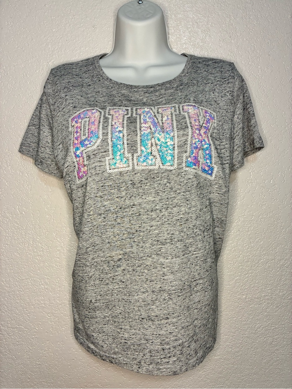 PINK Victoria's Secret Heather Gray Short Sleeve Tee with Iridescent Sequin Logo